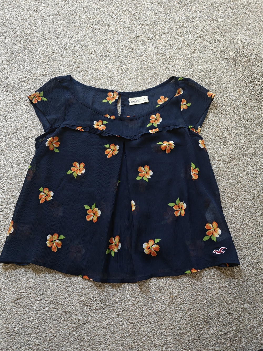 Hollister Navy Floral Ruffle Short Sleeve Blouse